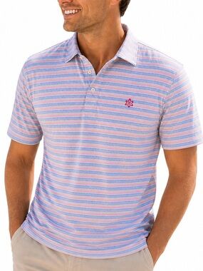 Johnnie-o Mens Large Striped Polo Pink Blue White Surf Logo